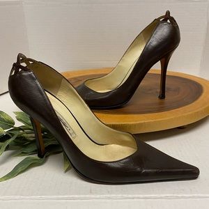 Brian Atwood Stenciled Cut Heel Pointed Toe Chocolate Brown Heels